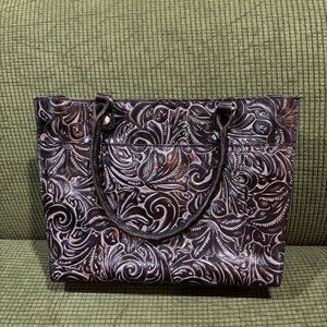 Patricia Nash Zip-Top Black/Grey Tooled Leather Tote Bag -PreOwned